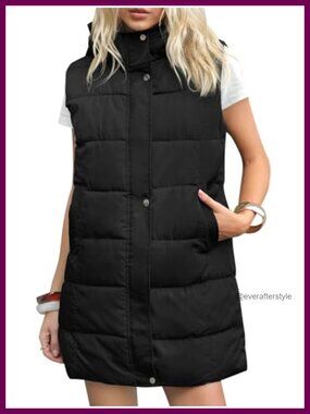 Long Hooded Puffer Vest Quilted Zip Up Sleeveless Jacket